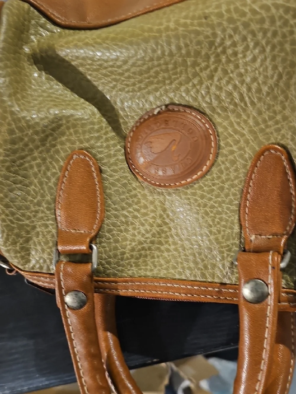 Olive Green & Tan Leather Accent Satchel - Picture 3 of 3